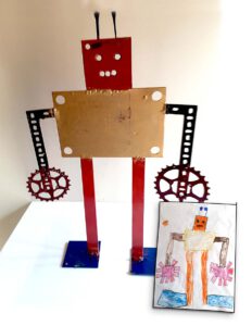 Van een kindertekening kunst maken robot schrootkunst goedkope kunst ijzer metaal kunstenaar brabant